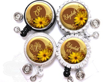 Flower Badge Holder - Personalized Gold and Bronze Sunflower Retractable Lanyard ID Reel with Name, Monogram, Occupation Title (A086)