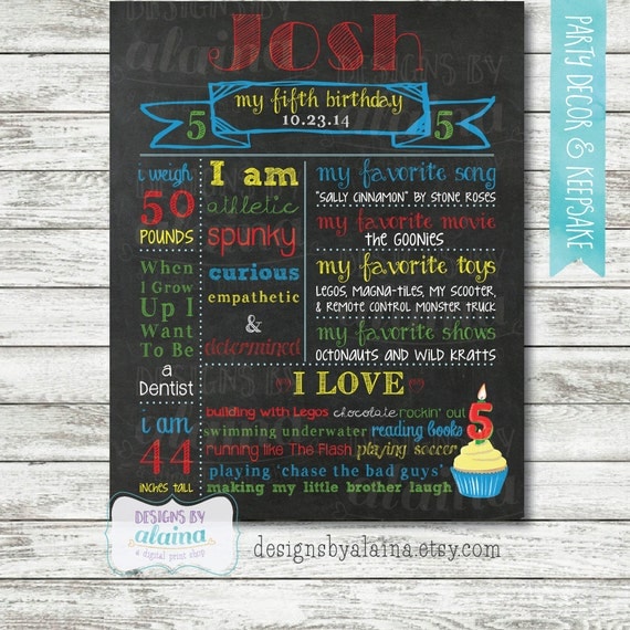 5th Birthday Chalkboard Poster Sign / 5 year old boy / Party