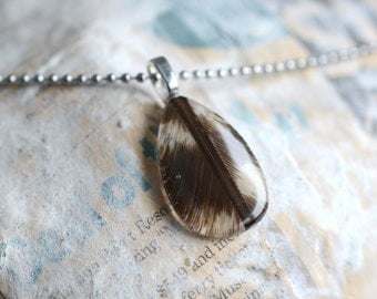 Brown and White Feather Resin Pendan Real Feather Resin Jewelry