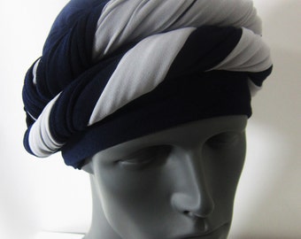 Men-Navy & Light Gray EZ PZ Turban Wrap For Short Hair Or Bald Head- One Size-Ready Wraps- Stretch Turban- Stretch Wraps