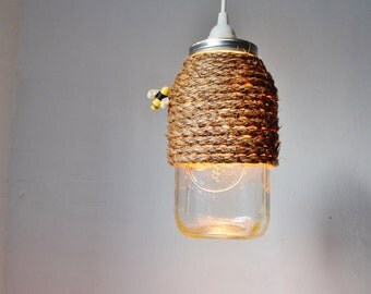 The Hive Mason Jar Pendant Lamp, Hanging Lighting Fixture With A Rope Wrapped Half Gallon Jar, Rustic BootsNGus Lighting & Home Decor