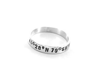 Personalized Coordinates Ring Mens and Womens Sterling Silver Coordinates Ring Longitude Latitude Custom GPS Coordinates