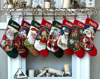 Personalized Needlepoint Christmas Stockings- Santa Snowman - Embroidered with Names for the Whole Family