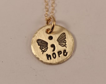 Hope - Hand Stamped Semi Colon Butterfly Necklace - Semicolon Necklace - Brass with Gold Filled Chain