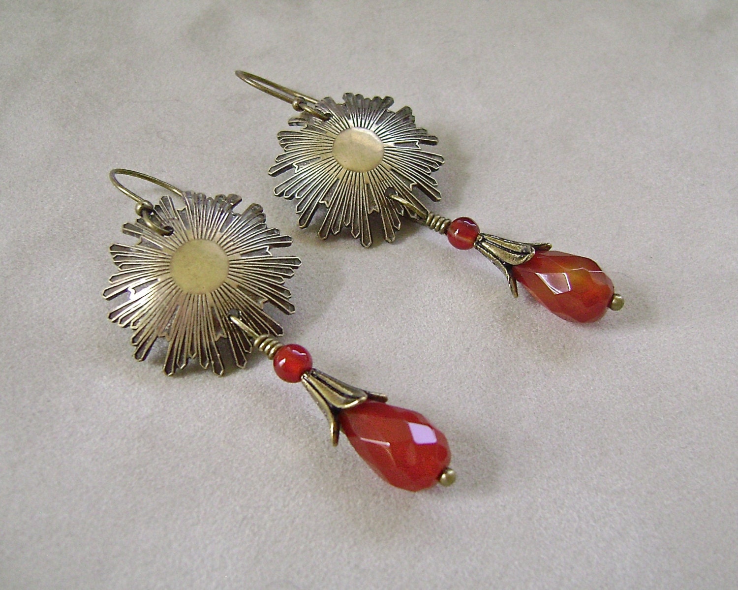 Carnelian Earrings Wire Wrapped Brass Earrings Bronze