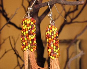 Fall Seed Beaded Corn Earrings . Peyote Tubular . Leather Shucks . Sterling Silver Ear Wires . Thanksgiving . Halloween . October . Handmade