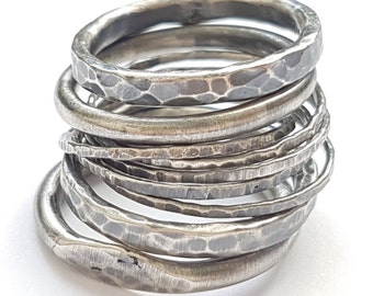 Silver Stacking Rings, Oxidized Stackable Rings, Trendy Sterling Silver Rings, 13mm Wide Statement Ring Set, Handmade Rings, Venexia Jewelry