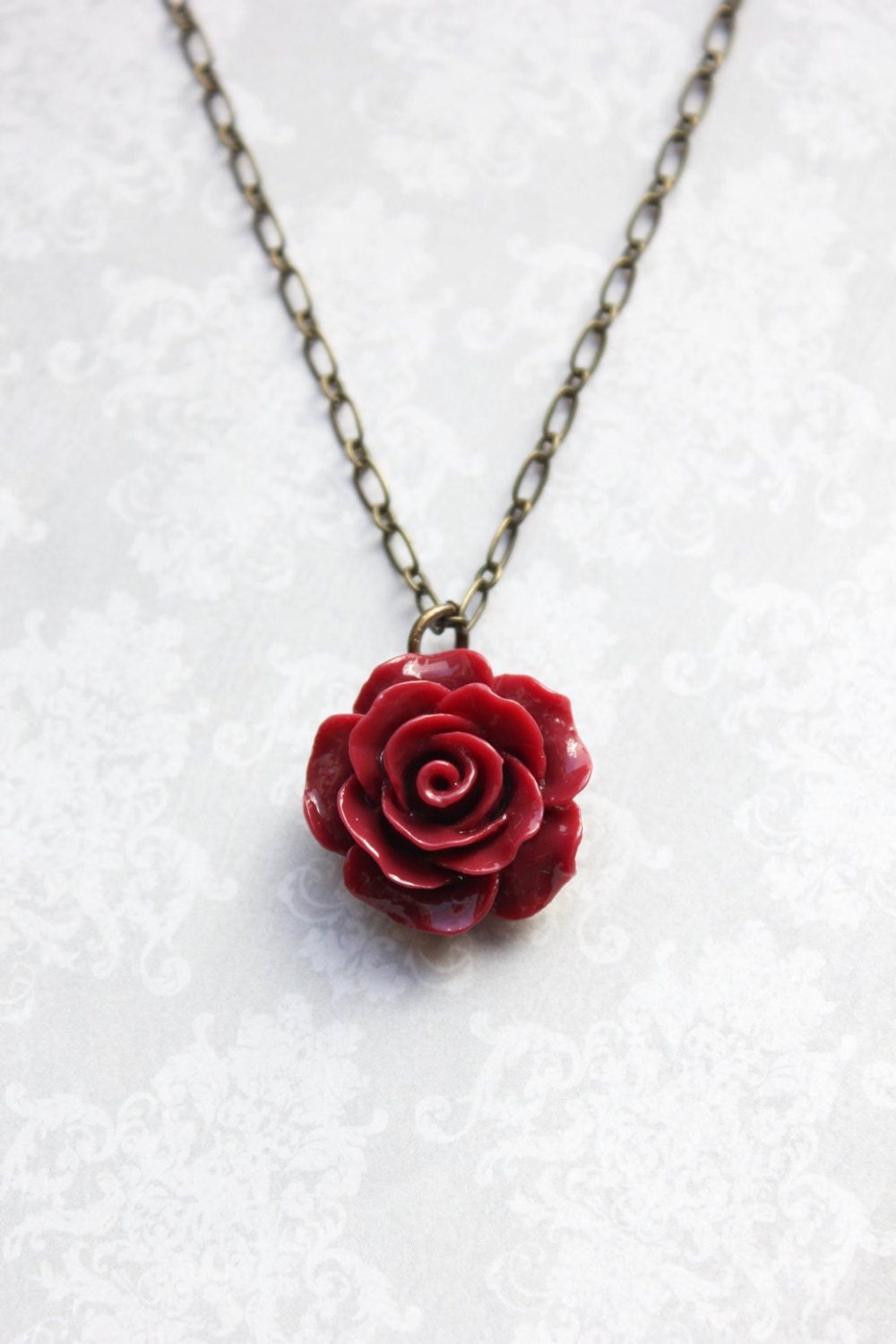 Deep Red Rose Necklace Vintage Inspired Dark Red Floral