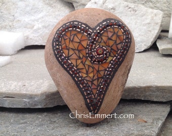 Orange Mosaic Rock, Gardener Gift, Home Decor, Mosaic Garden Stone