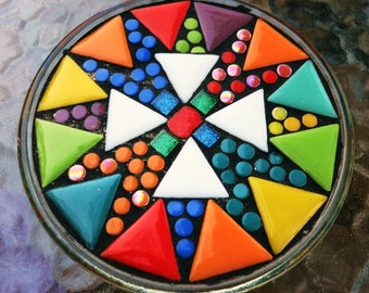 MOSAIC CANDLEHOLDER / TRIVET - 6" Round Glass Base - Bright, Colorful Ceramic Triangle Shaped Tiles / Ready-to-Ship - / Unique / Ooak