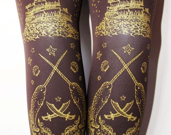 Steampunk Pirate Tights Narwhals Small Medium Gold on Dark Brown Chocolate Tattoo Sailor Octopus Lolita