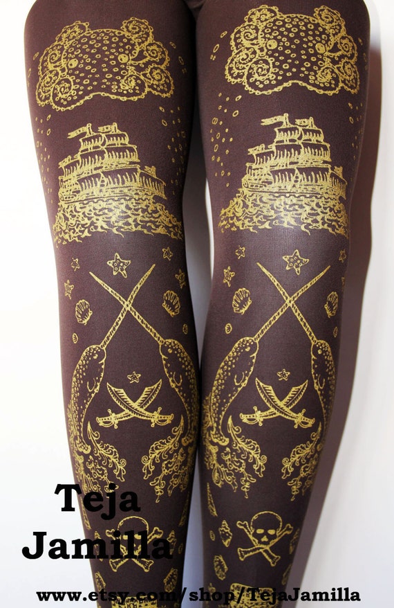Steampunk Pirate Tights Narwhals Small Medium Gold on Dark Brown Chocolate Tattoo Sailor Octopus Lolita by TejaJamilla steampunk buy now online