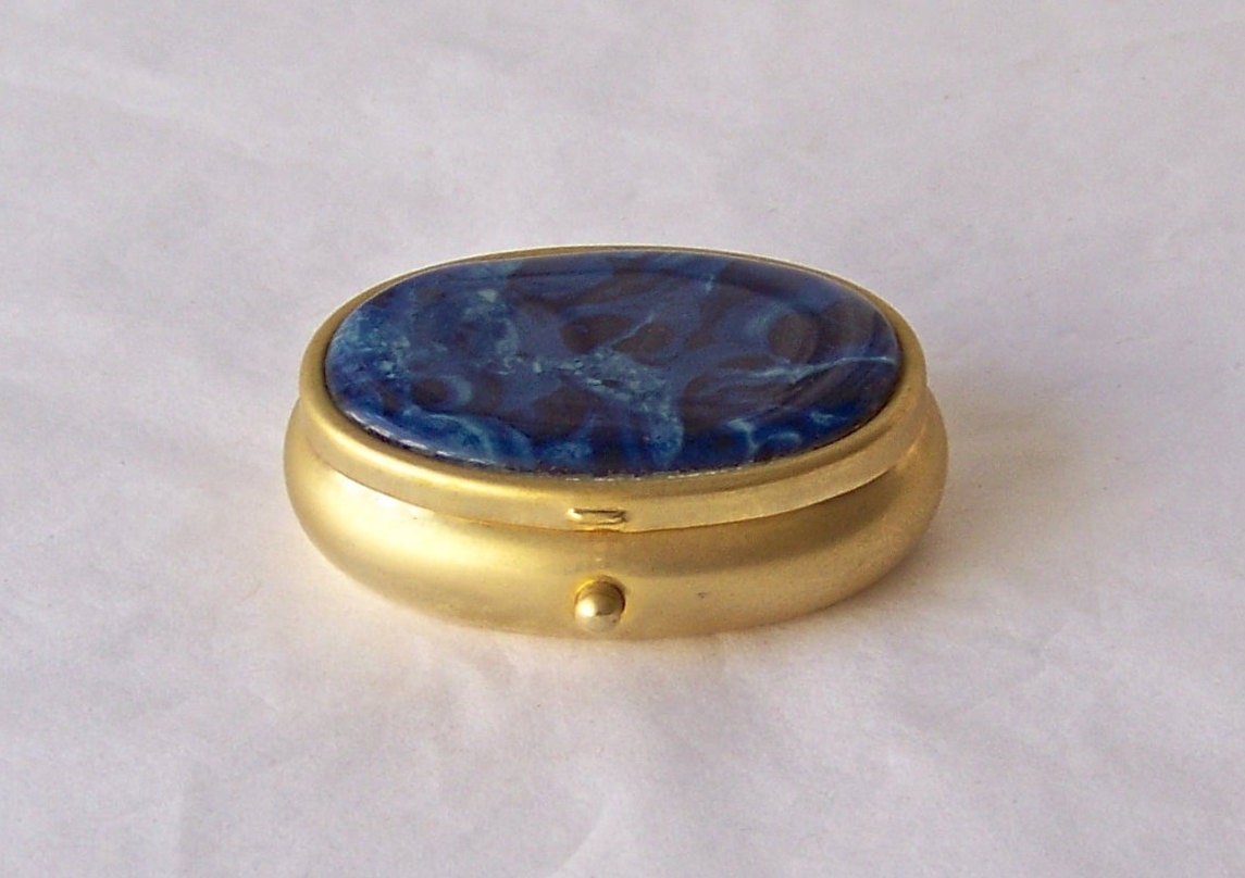 Vintage Pill Box Polished Brass Trinket Box Blue Lid Mirror