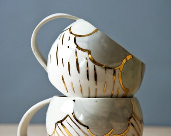 large tea cup, white and gold porcelain cups, handmade ceramic cup, rainy day mug, irish gifts, drinking cup, karoArt, irish pottery mug