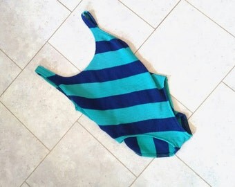 Vintage 80s Bathing Suit Classic Striped One Piece Maillot Swimsuit Robby Len
