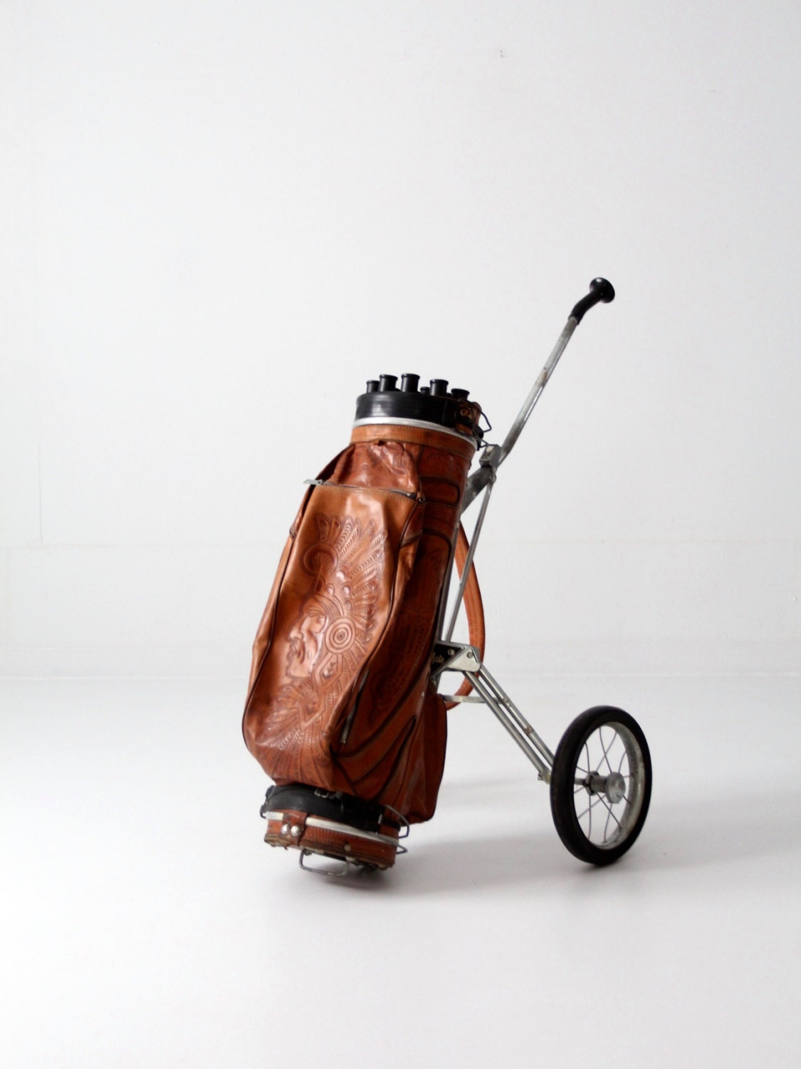 vintage tooled leather golf club bag with cart