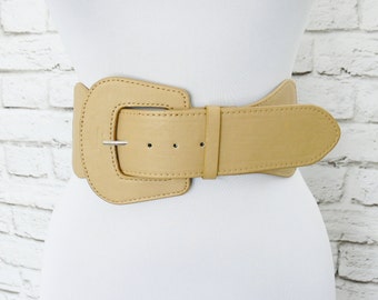 Vintage 80s Tan Wide Elastic Belt Oversized Buckle Faux Leather L XL 31" 32" 33" 34" 35" 36"