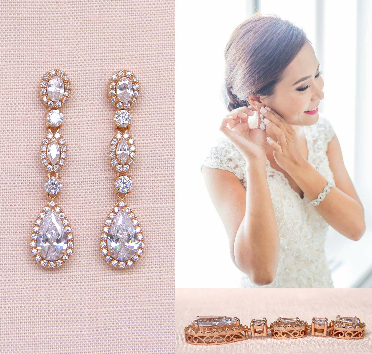 Rose gold Bridal Earrings, Crystal Wedding Earrings,  Bridal Bracelet, Long, Wedding Jewelry, Bridal Jewelry, Marisa Bridal Earrings
