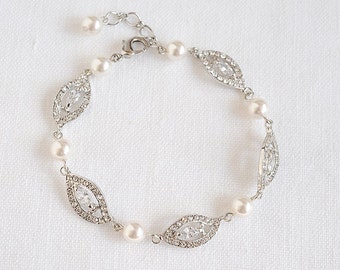 Bridal Bracelet, Wedding Pearl Bracelet, Marquise Crystal Bridal Bracelet, Swarovski Pearl Bracelet, Leaf Filigree Bridal Bracelet,AUGUSTINA