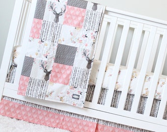 Girl Crib Bedding, Coral, Taupe, Woodlands Baby Bedding, Deer Crib Sheet, Woodlands Baby Blanket, Arrow Crib Set, Woodlands Nursery