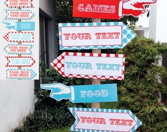 Circus Directional Signs - Direction Arrows - Red Aqua - Carnival or Circus Party - INSTANT DOWNLOAD with EDITABLE text - comes in 2 sizes
