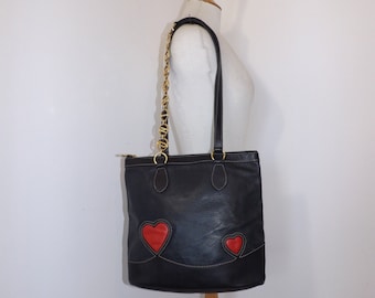 Vintage Moschino Redwall navy blue leather shoulder handbag designer tote bag red love heart detail