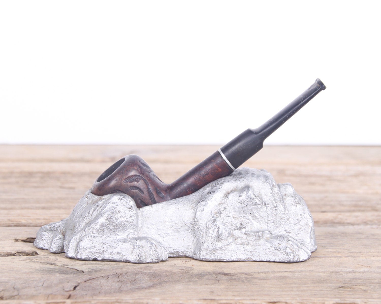 Vintage Bulldog Metal Pipe Rest & Wood Pipe / Wood Tobacco Pipe