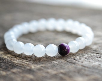 8mm Purple Tiger Eye Bracelet, White Jade Bracelet, Gemstone Bracelet, Womens Bead Bracelet, Mens Bracelet, Yoga Bracelet, Jewelry, Gifts