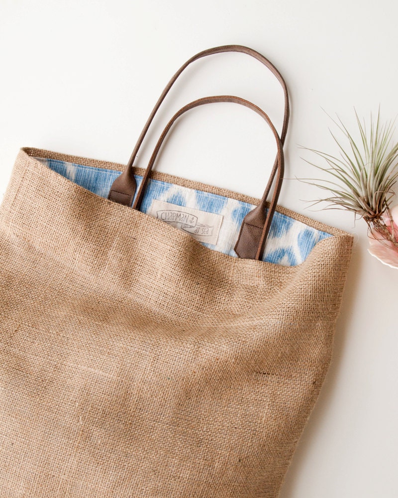 RESERVED Jute / Blue Linen Beach Bag REVERSIBLE Tote IKAT