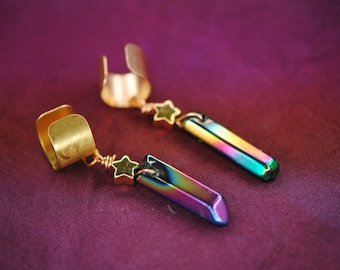 Rainbow Quartz Gold Star Ear Cuffs | Steven Universe Quartz | Crystal Point | Crystal Gem | Gemstone Ear Cuff | Ear Cuff Pair | Rose Pearl