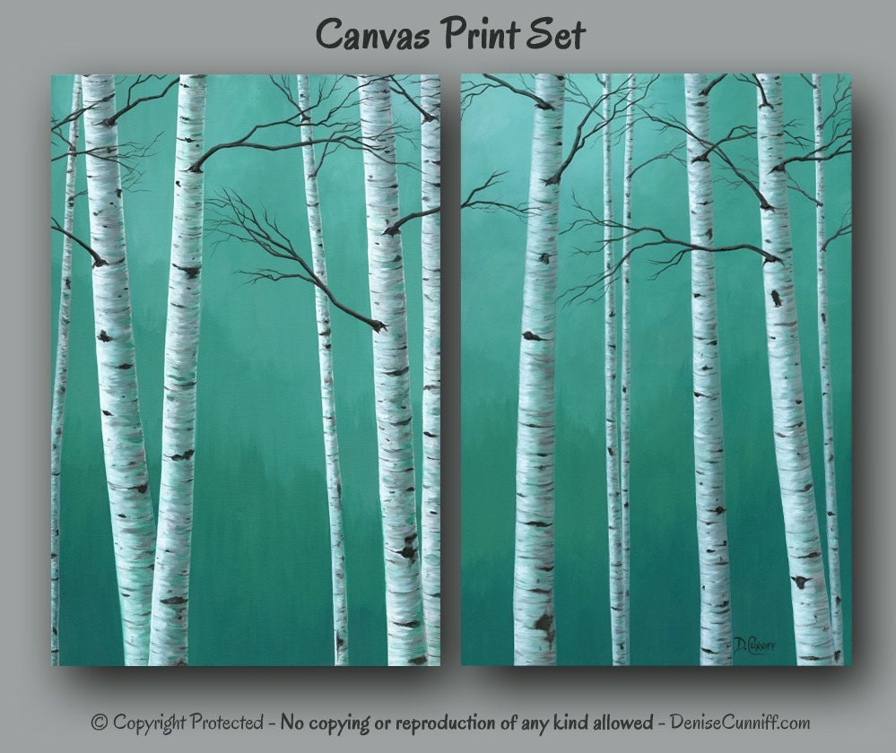 Teal green decor Large wall art Birch tree painting