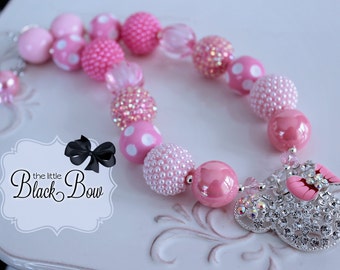 MINNIE MOUSE Chunky Necklace, Minnie Necklace, Rhinestone Pendant, Pink Beads Child, Toddler, Baby Size Bubblegum Gumball Beaded Necklace