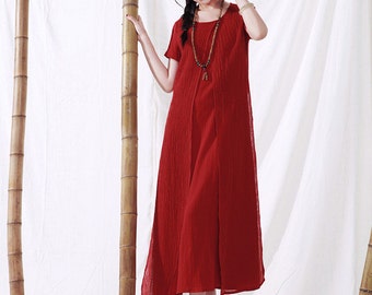 Red Tunic Dress / Longsleeve winter linen dress by camelliatune