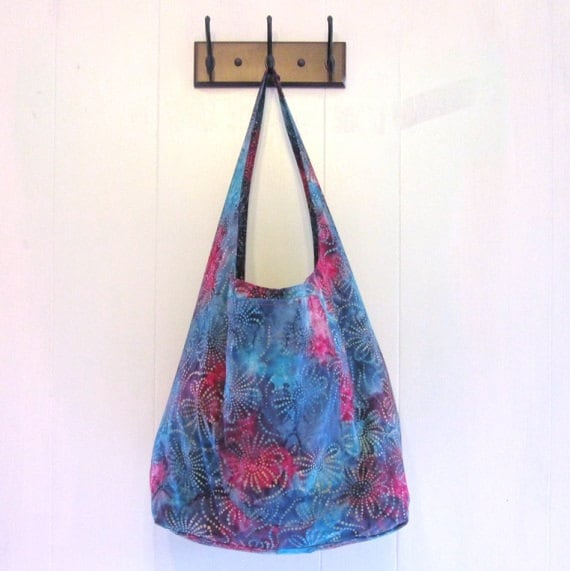Large Fabric Tote Bag Blue Pink Floral Batik Print with Two