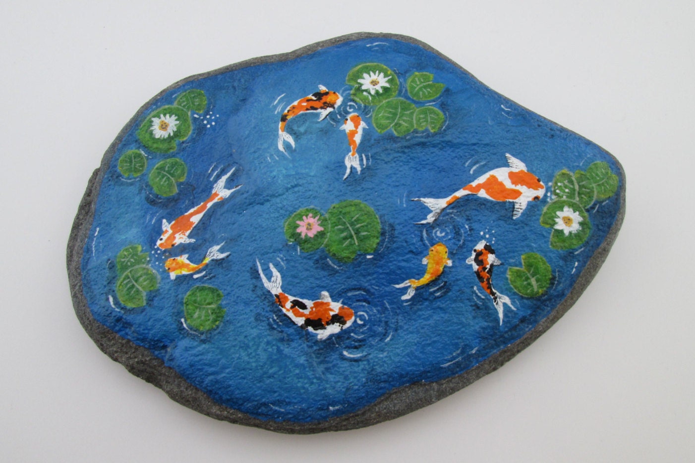 Koi fish pond stone hand painted garden rock zen by Moodstones