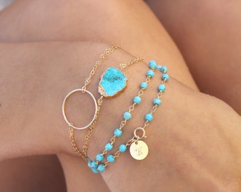 Boho Chic Turquoise slice bracelet, 14k Gold filled double chain bracelet, 24k gold Electroplated Edge gemstone, beach wedding, bridesmaids