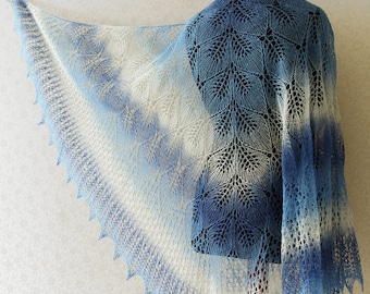 Hand Knit wool woman shawl in blue and white color