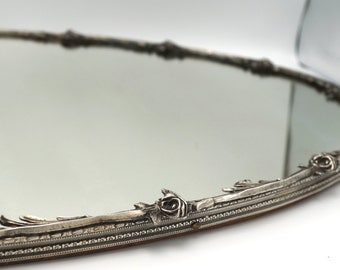 Vintage Silver Plated Rose Bordered Mirrored Top Vanity Tray Circa 1940's