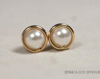Gold White Pearl Stud Earrings Wire Wrapped Jewelry Handmade Gold Pearl Earrings Bridesmaids Earrings Bridesmaids Gifts Gold Earrings