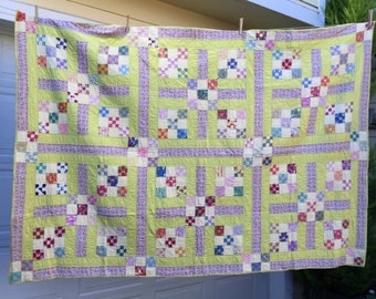 Handmade Cotton Patchwork Quilt – 1930s Hand Stitched Old Bedspread 54 X 76 Inches