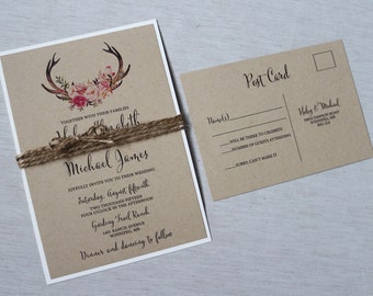 Rustic Wedding Invitation, Floral Wedding Invitation, Country Wedding invitation, Kraft Wedding Invitation, Woodland Invitation, Boho