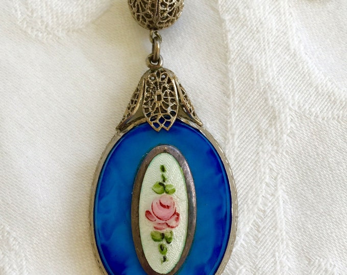 Art Deco Necklace, Blue Glass Pendant, Guilloche Panel, Glass and Moonstone Beads, Silver Filigree