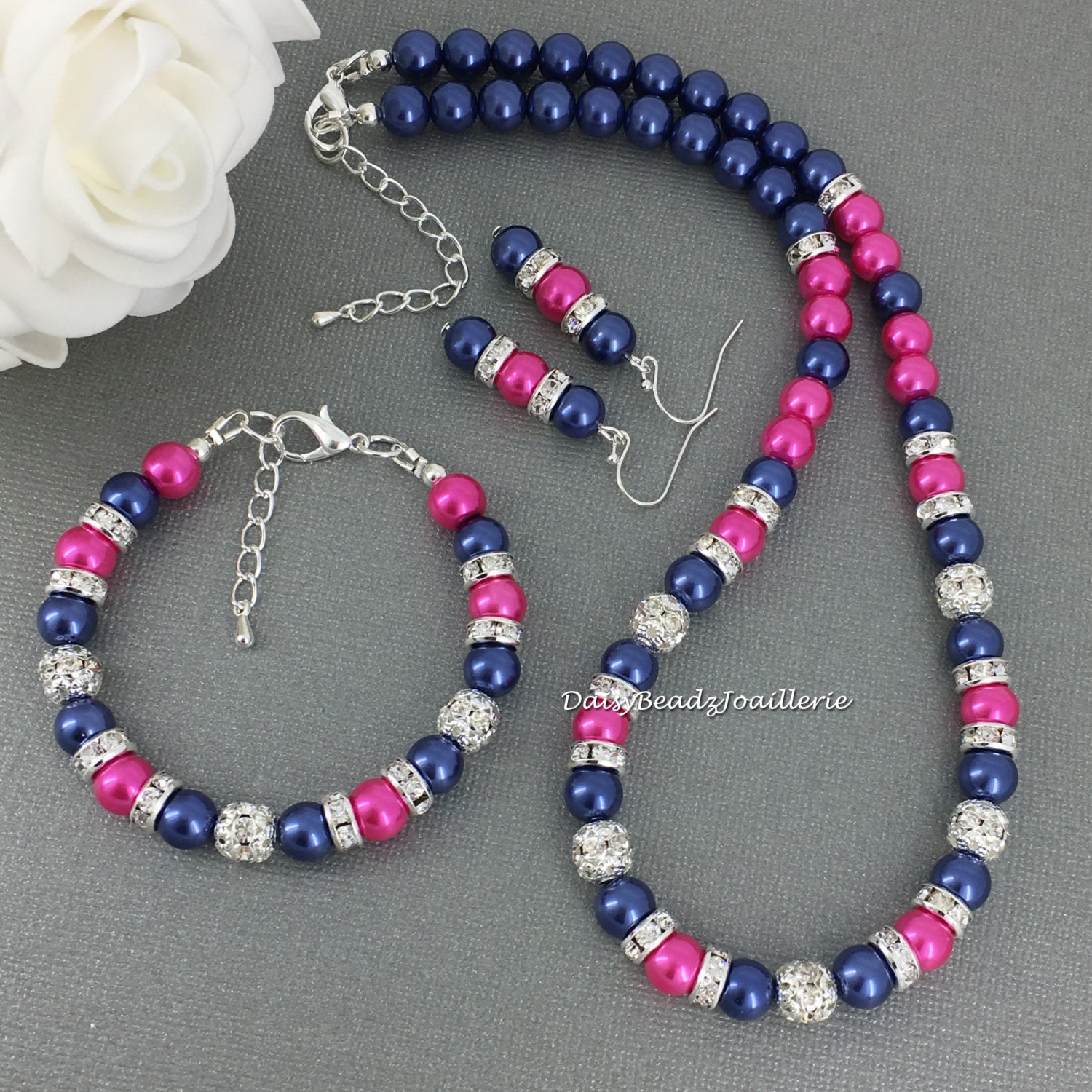 Hot pink and Navy Jewelry Set Navy and Fuchsia Necklace