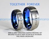 Doctor Who Inspired 6MM & 8MM Tungsten Wedding Ring Set - Brushed Silver Outside, Deep Ocean Blue Inside
