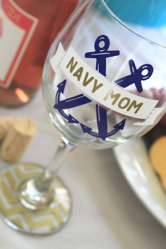 navy mom wine glass