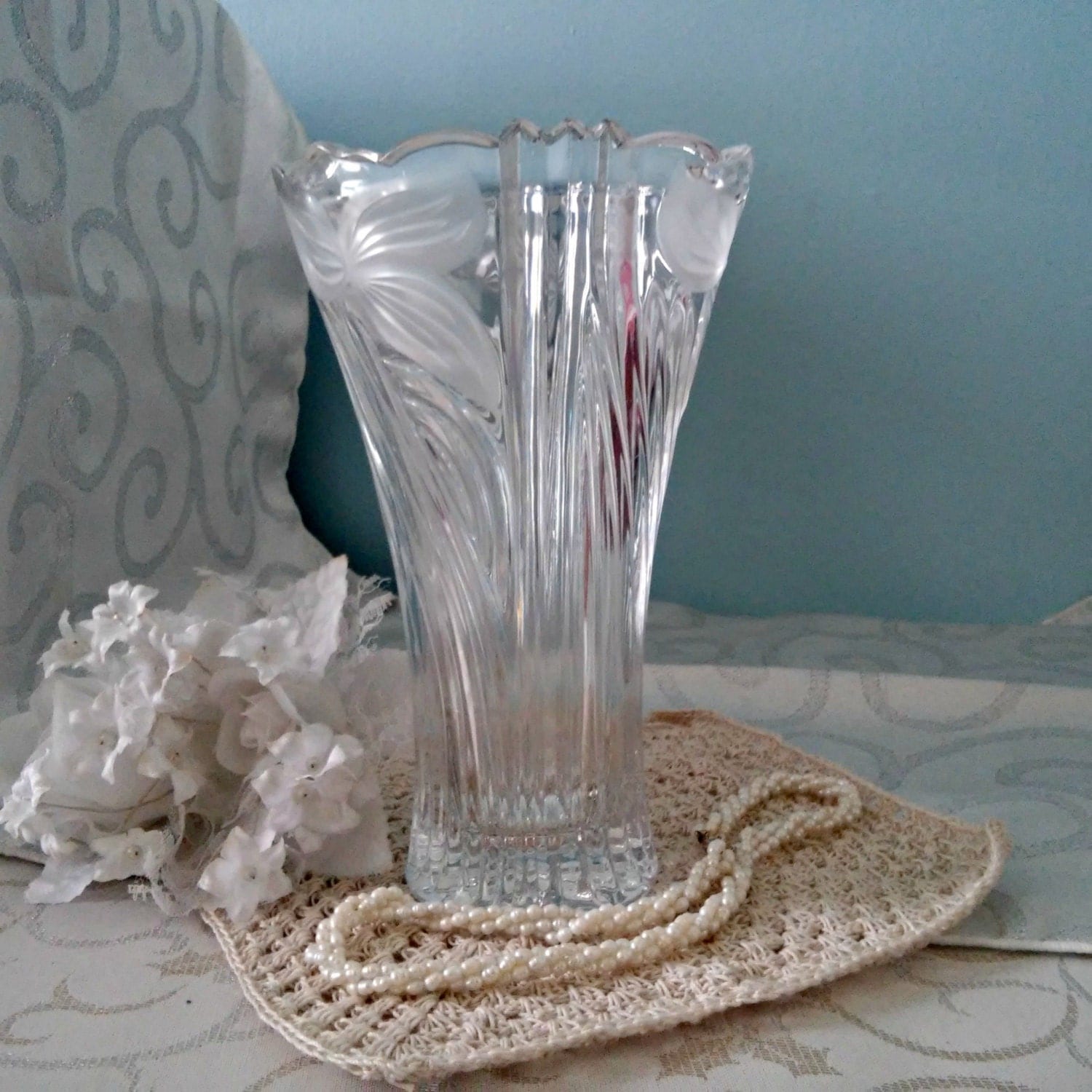 Lead Crystal Vase Made in Germany Frosted Spring Flowers