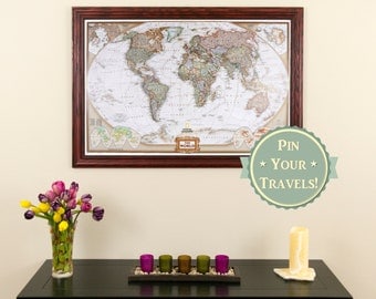 Executive World Travel Map with Pins and Frame - Push Pin Travel Map - Wall Decor - Framed Map of the World - Gifts for Him - Gifts for Her