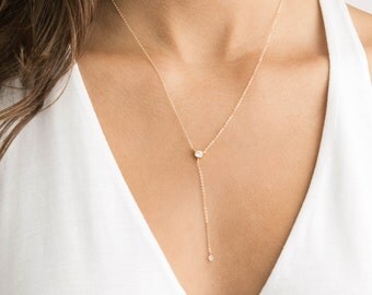 Gold Y Necklace Diamond, Dainty Lariat Necklace with CZ, Dainty Gift for her, Minimal Lariat 14K Gold Filled or Sterling Silver Chain, LN809