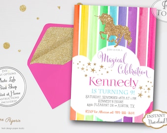 INSTANT DOWNLOAD - Rainbow Unicorn Birthday Party Invitation - Glitter Unicorn Invite - Rainbow Party - Unicorn Party - Gold Glitter - 0220