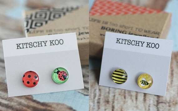 2 Pair SALE - Ladybird and Bee Earrings - Surgical Steel Studs Handmade